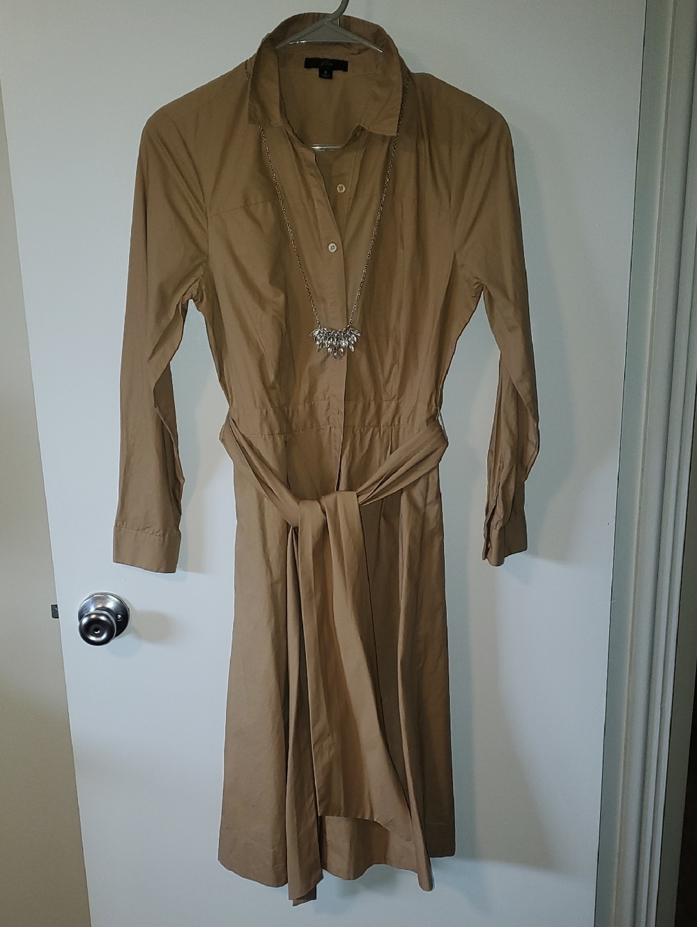 J. Crew Tan Long-Sleeve Shirt Dress with Self-Tie Waist